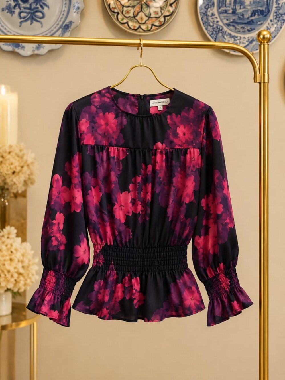 Dark Romantic Victor Alfaro x RTR Painted Floral Smocked Peplum Zipped Blouse M